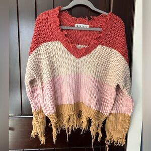 Montrez Striped Frayed V-Neck Sweater Medium